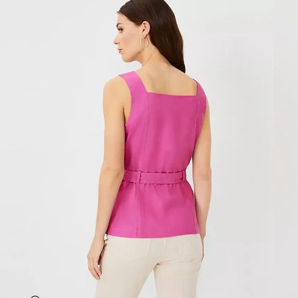 NWT Ann Taylor Linen Blend Belted Utility Top Sleeveless Tank Button Front Sz S - Picture 2 of 7
